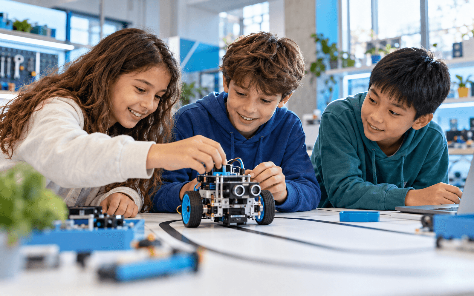 Dzieci wspólnie testują zbudowanego robota na trasie
