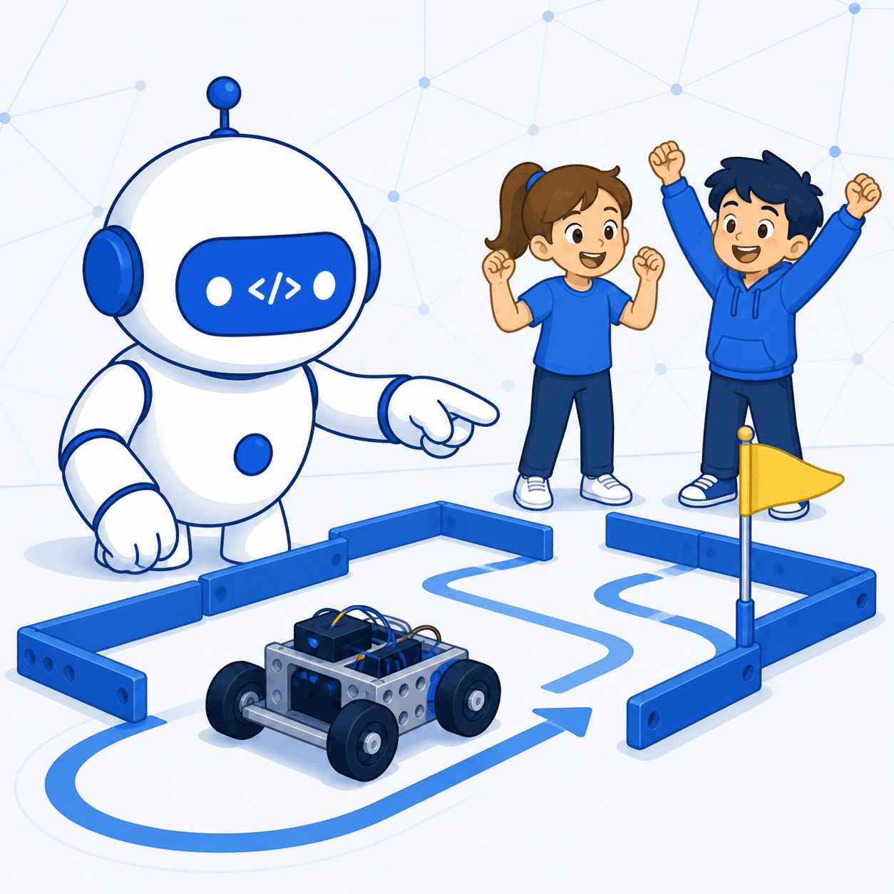 Maskotka Robonautów z dziećmi podczas programowania robota